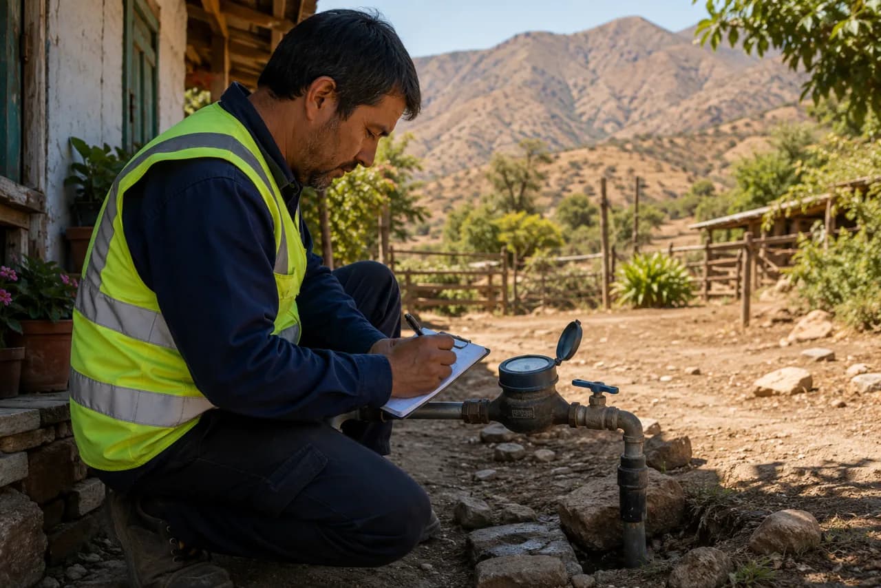 Operario de un APR registrando la lectura de un medidor de agua en un patio rural de Chile