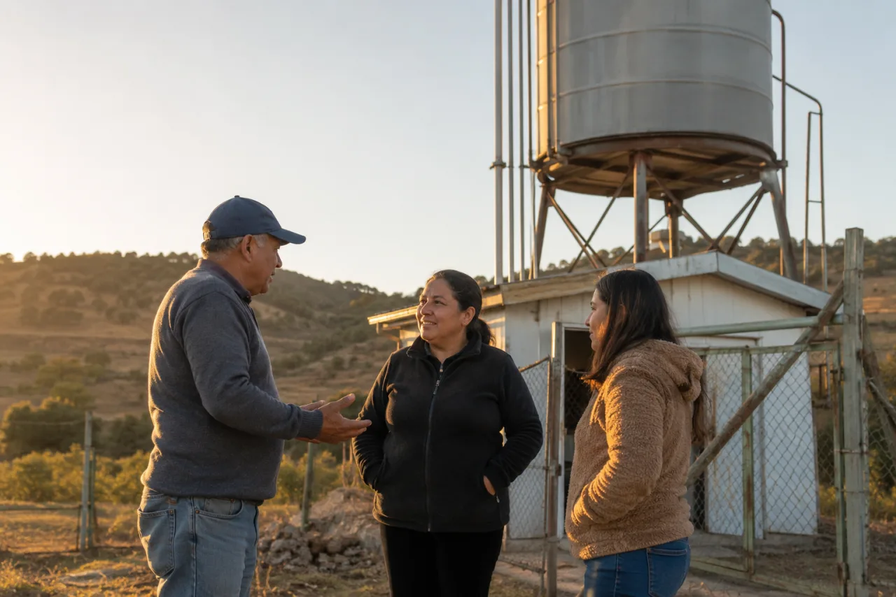 Dirigentes de un comité de agua potable rural conversando junto al estanque elevado, al atardecer