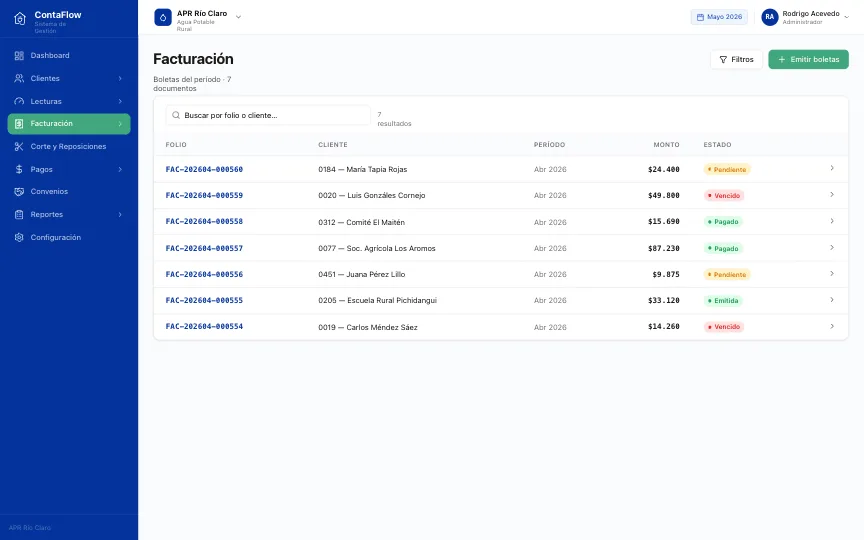 Módulo de Facturación de ContaFlow: lista de boletas electrónicas con folio, cliente, período, monto y badge de estado.