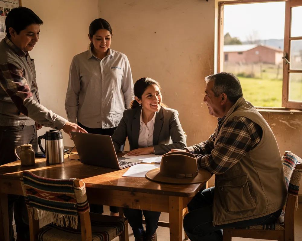 Equipo de ContaFlow acompañando a dirigentes de una cooperativa rural en torno a un laptop, en una oficina de campo con luz cálida.