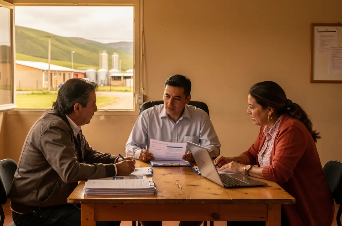 Tres dirigentes de una cooperativa rural revisando reportes y documentos en torno a una mesa con un laptop, en una oficina con vista al campo.