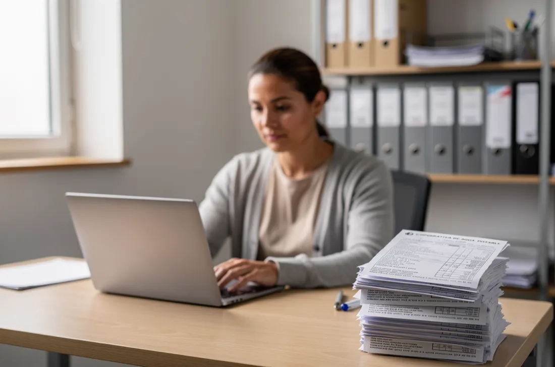 Administrativa de una cooperativa de agua potable trabajando en un laptop, con una pila de boletas impresas sobre el escritorio.