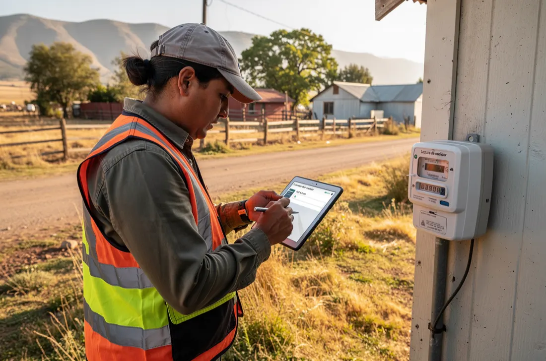 Operario de una APR con chaleco reflectante registrando la lectura de un medidor en una tablet, en terreno rural de Chile.