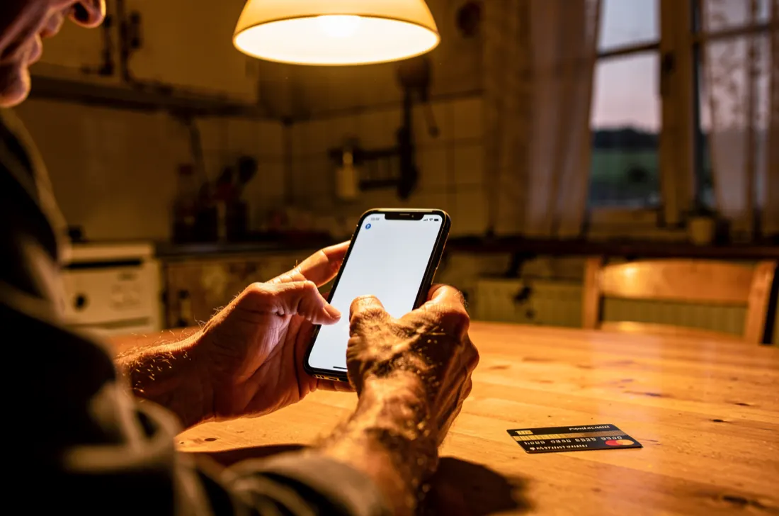 Manos de un vecino pagando en línea con su smartphone desde la mesa de su cocina, con una tarjeta sobre la mesa.